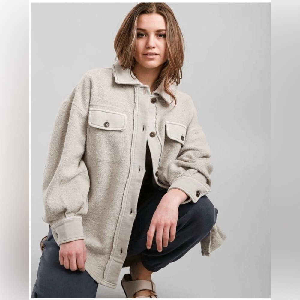 Free People Beige Gray Fleece Oversized Button Down Ruby Jacket